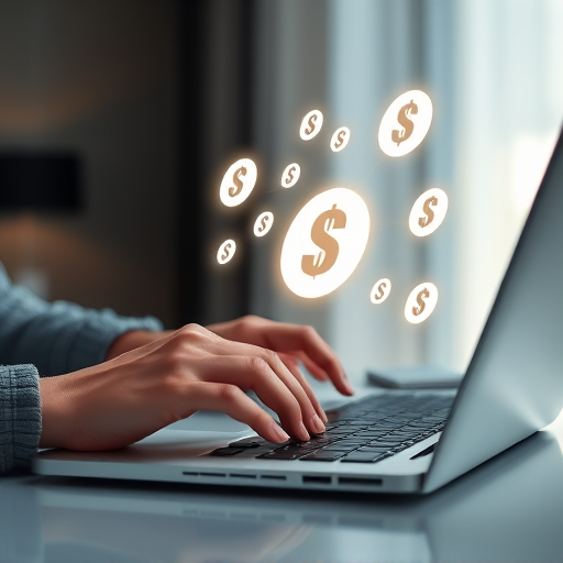 A person working on a laptop with money icons around